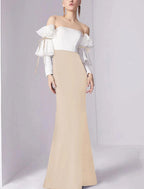 Mermaid / Trumpet Evening Gown Minimalist Dress Wedding Guest Engagement Floor Length 3/4 Length Sleeve Jewel Neck Stretch Fabric with Pleats Ruffles