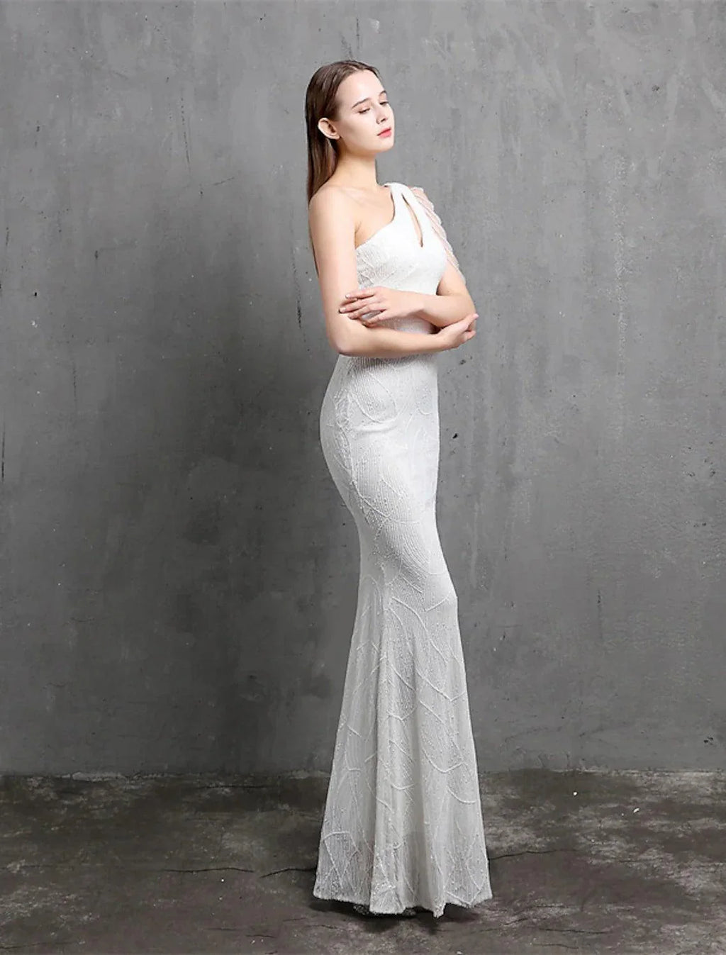Mermaid / Trumpet Evening Gown Sparkle & Shine Dress Formal Wedding Guest Floor Length Short Sleeve One Shoulder Sequined with Sequin