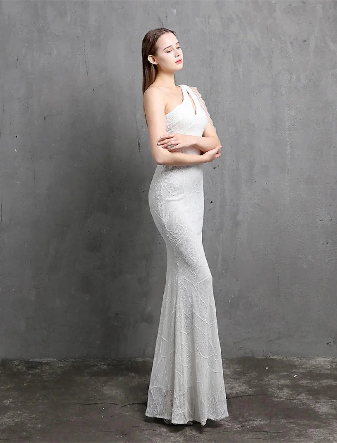 Mermaid / Trumpet Evening Gown Sparkle & Shine Dress Formal Wedding Guest Floor Length Short Sleeve One Shoulder Sequined with Sequin