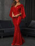Mermaid / Trumpet Evening Gown Sparkle & Shine Dress Formal Wedding Guest Floor Length Long Sleeve V Neck Fall Wedding Reception Sequined with Bow(s) Sequin