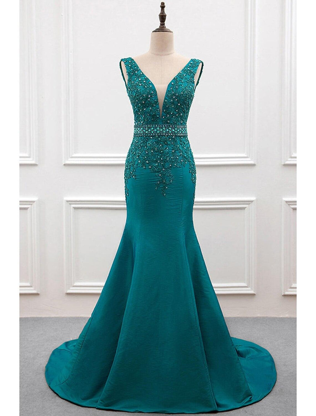Mermaid / Trumpet Evening Gown Sexy Dress Formal Wedding Guest Court Train Sleeveless V Neck Taffeta with Pearls Embroidery